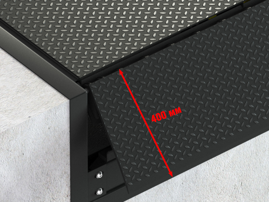 Аппарель без подгиба.  <br>Фаска 35 мм. Целиковая, без сегментов, прямоугольной формы для использования с парком автомобилей одинаковой ширины. В случае использования погрузчиков с низким и очень низким клиренсом.